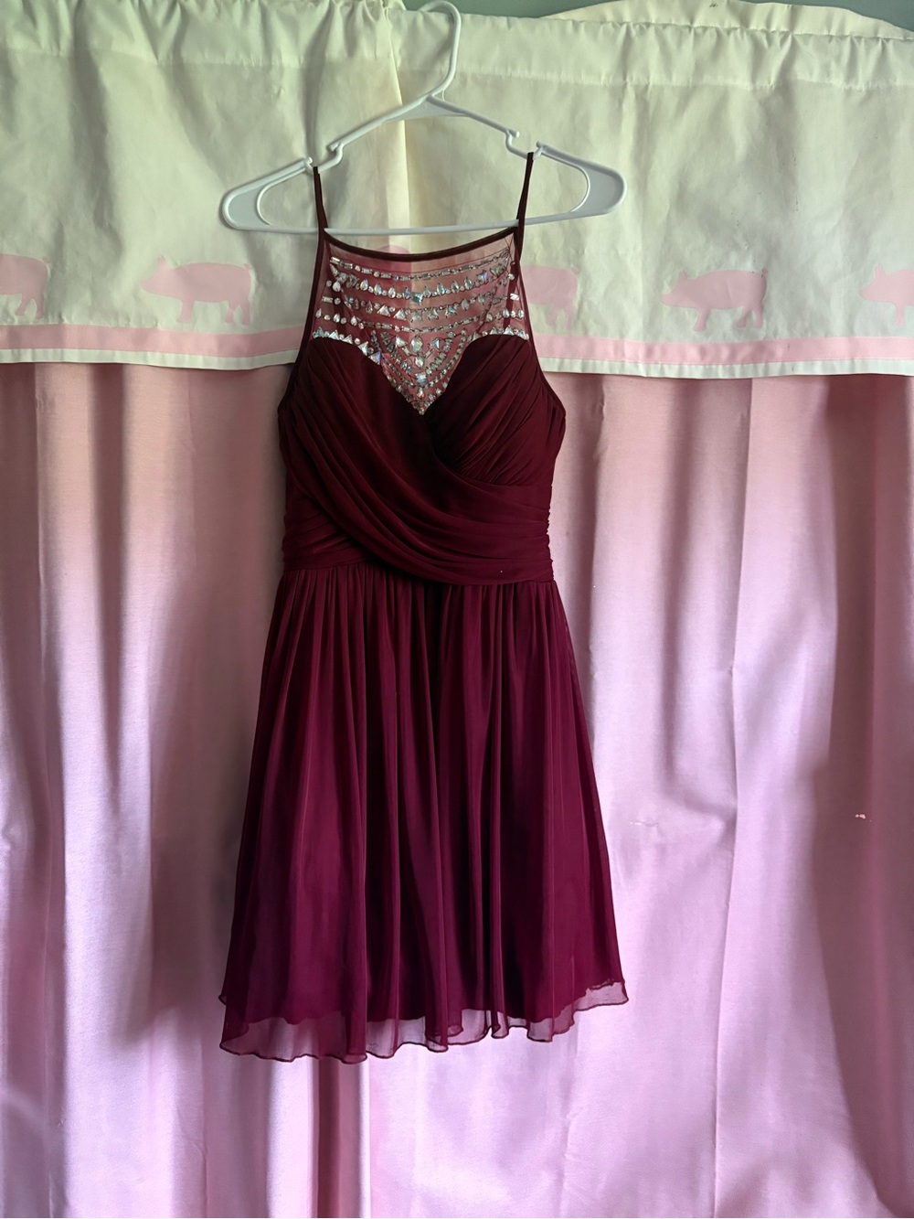 Windsor Burgundy Beaded Illusion Mini Dress